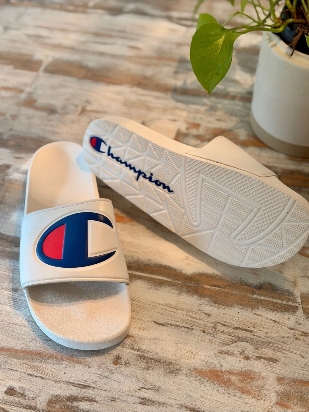 Champion White Slide Sandals with Blue and Red Logo